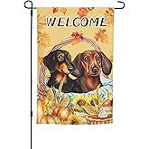 Autumn Fall Pumpkin Leaves Dog Dachshund Garden Flag Welcome Party Outdoor Outside Decorations Picks Home House Garden Yard Decor 12x18 Inch