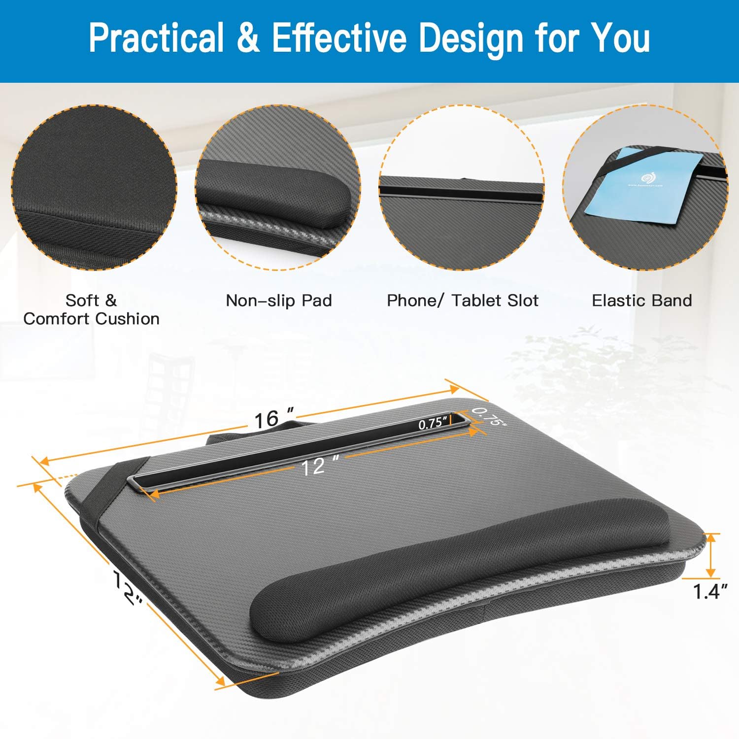 HUANUO Laptop Lap Desk - Fits up to 14 inches Laptop Stand with Phone Holder, Tablet Holder, Portable Lap Desk Built-in Soft Foam Pillow Cushion, Elastic Band，Laptop Stop Bar : Office Products