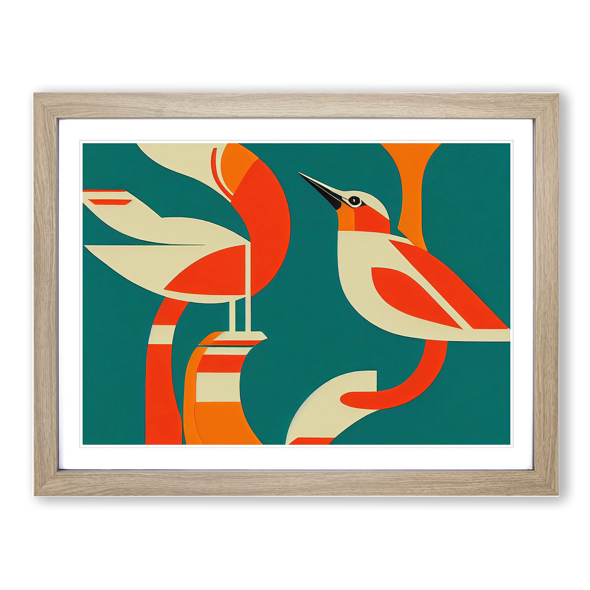 Kingfisher Bird Art Deco Abstract Framed Print | A4 Oak Framed Wall Art | Ready to Hang | Art Deco Fantasy Picture | Living Room Bedroom Lounge Office