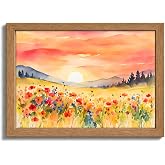 Framed Boho Sunset Canvas Wall Art 16x24in | Watercolor Wildflower Mountain Landscape Pictures Wall Decor Modern Abstract Bohemian Prints Artwork for Living Room Bedroom