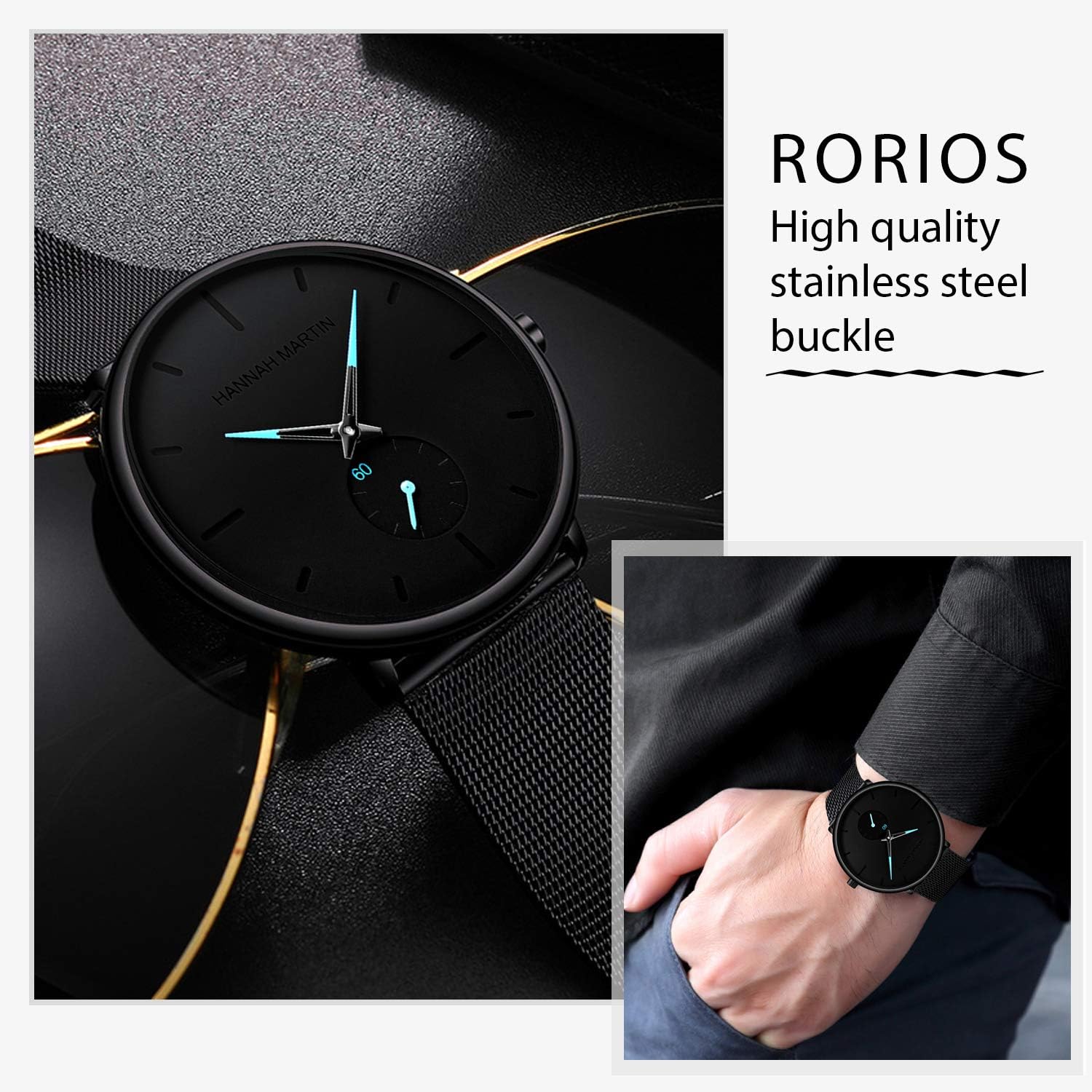 RORIOS Business Men Minimalist Watch Sport Watch Quartz Analog Watches Stainless Steel Mesh Strap Waterproof Ultra Thin Wrist Watches - Image 5