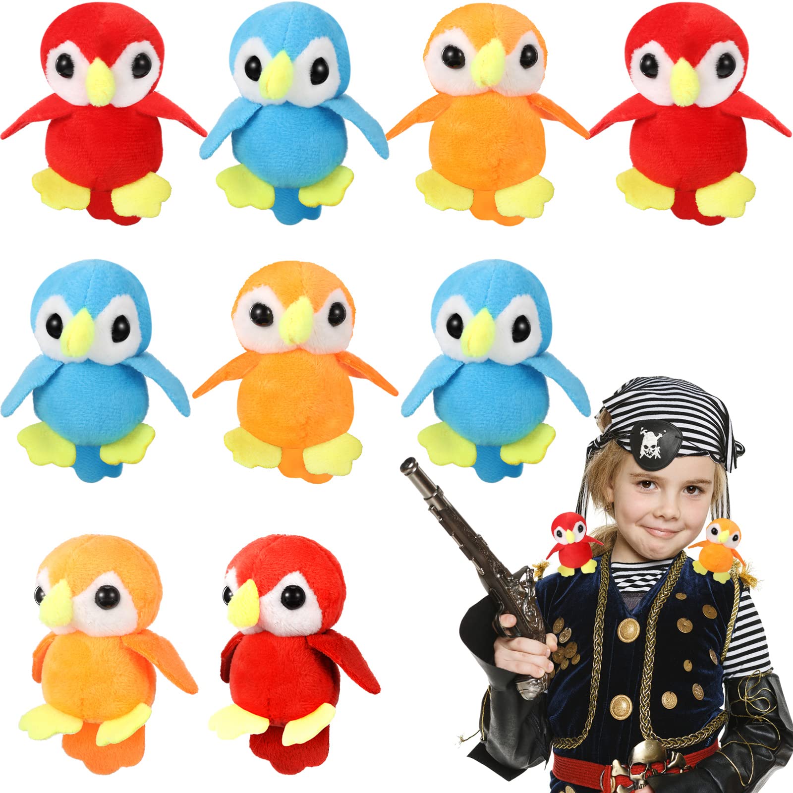 Zomiboo 9 Pieces Stuffed Parrot on Shoulder Soft Parrot Plush Animal Pirate Costume Accessory 3.5 Inch Blue Scarlet Orange Bird Toys Stuffed Bird for Holiday Pirate Party Decoration Supplies