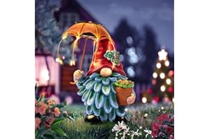 SUCUY Solar Outdoor Statues Gnome Garden Decor, Garden Gnome with Solar LED Umbrella Decorative for Patio, Balcony, Lawn, Yard Ornament - Unique Gardening Gifts for Mom Grandma