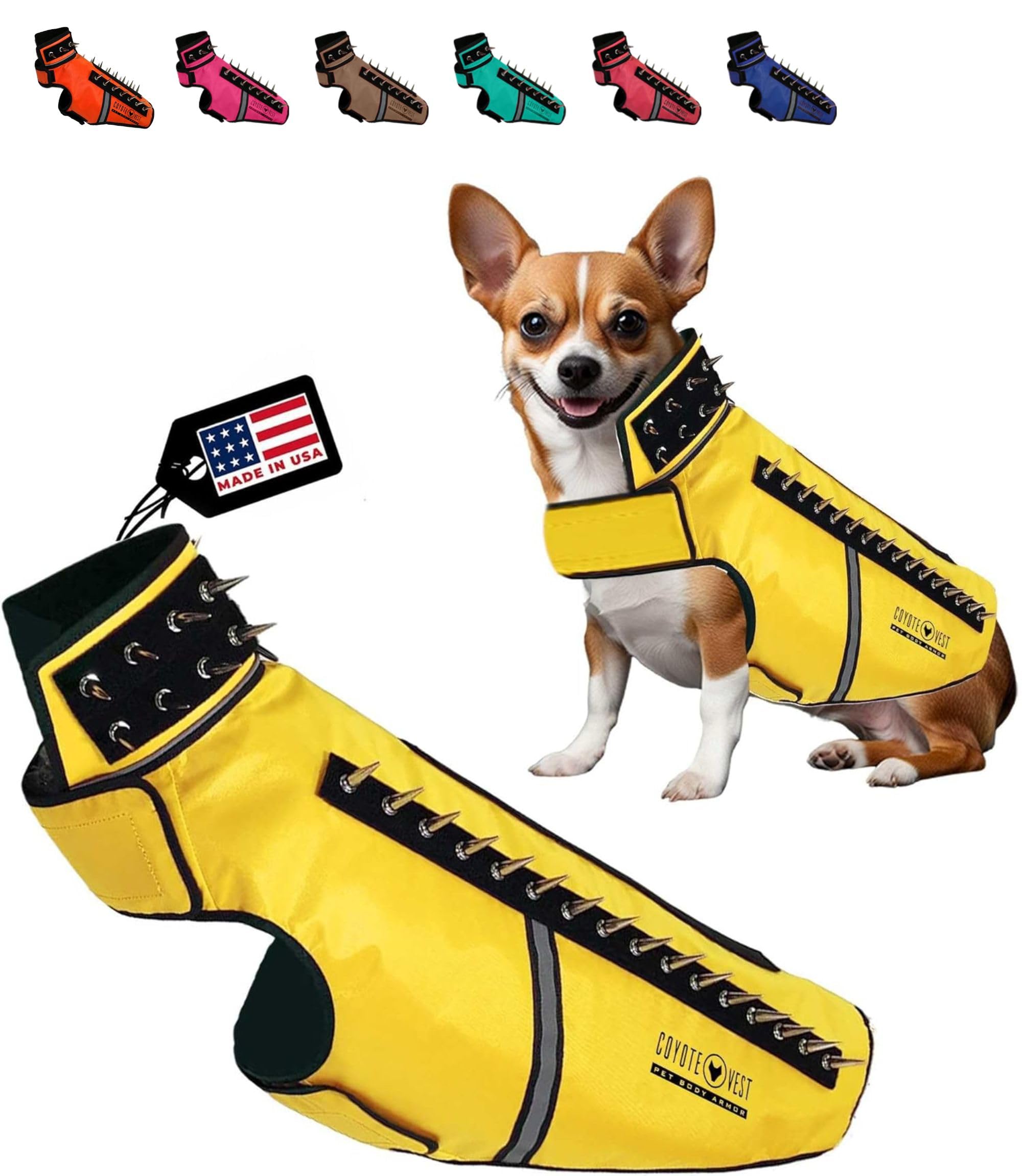Photo 1 of CoyoteVest SpikeVest Dog Harness Vest for Small Dogs, Reflective Dog Vest with Spikes to Shield Your pet from Coyotes, Raptor and Animal Attacks, Anti Hawk Vest, Made in USA (L-Yellow)