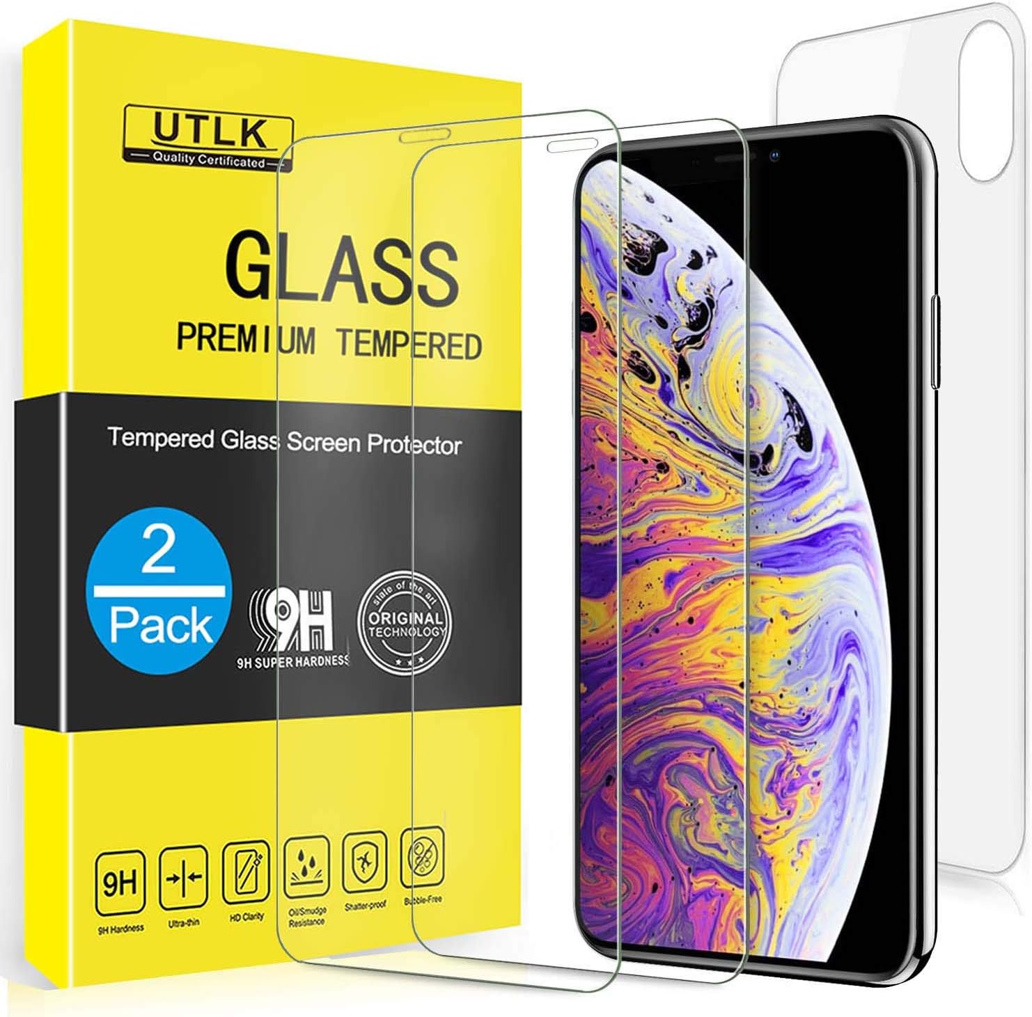 UTLK Screen Protector for iPhone X / 10, [2 Pack Front +1 Back+ 1 Camera Lens Protector ] [5.8 inch],HD Clear Tempered Glass Screen Protector for iPhone X 10,Case Friendly
