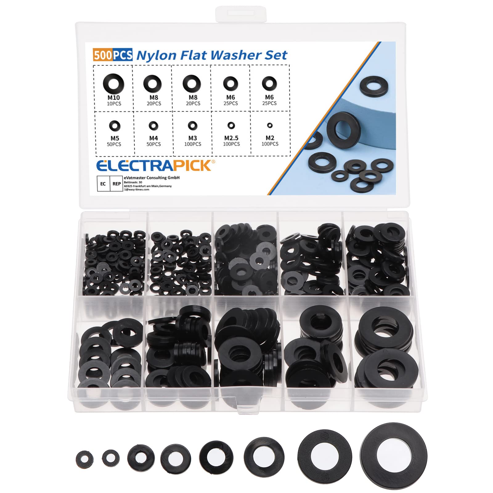 ELECTRAPICK 500Pcs Black Nylon Flat Washers, Compatible with 8 sizes- M2 M2.5 M3 M4 M5 M6 M8 M10 Tap Sealing Gasket Washers for Plumbing, Tap, Mechanical Repair