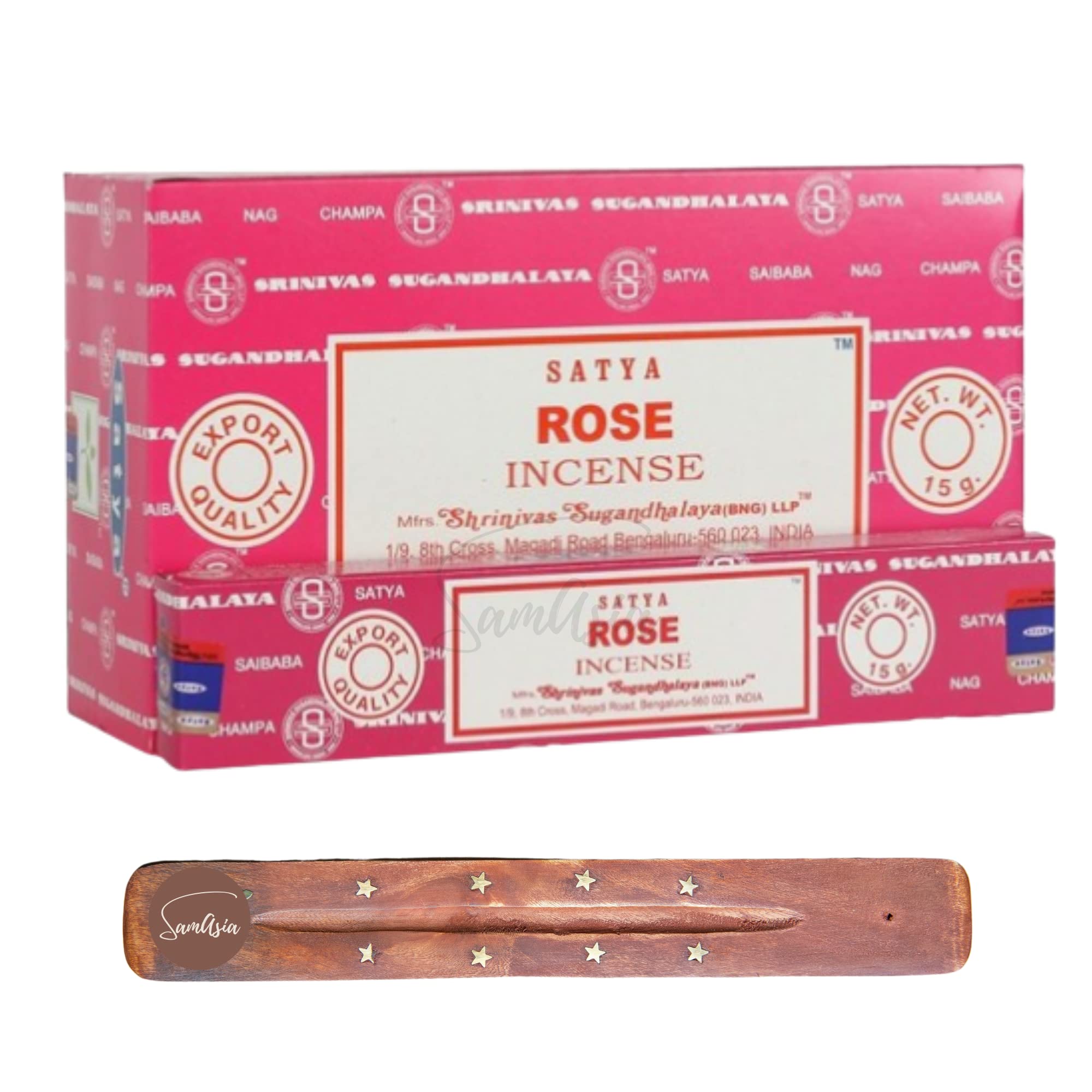 Satya Nag Champa Rose Incense Sticks | x12 pack | with SAMASIA incense sticks holder | Used for Roomatherapy, Spa, Yoga, Weddings, Meditation, Healing, Positivity and Relaxation