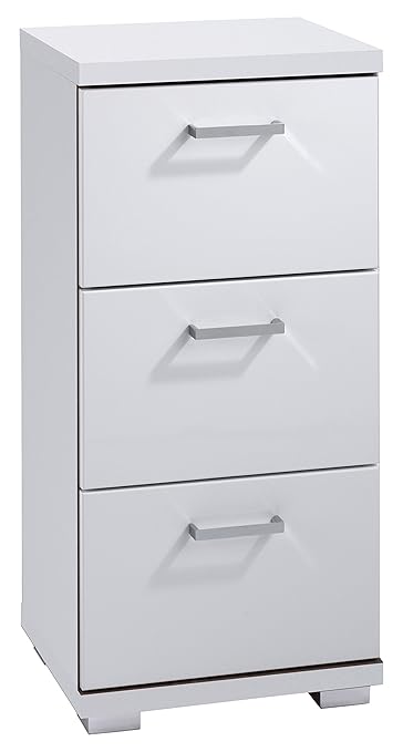 Homexperts Badezimmer Seitenschrank NUSA in Hochglanz Weiß lackiert / Kleiner Badschrank mit 3 Schubladen und silberfarbenen 
