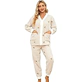 Womens Fuzzy Plush Pajama Set, Soft Warm Fleece Pajama for Women Cute Long Embroidered 2 Piece Sleepwears