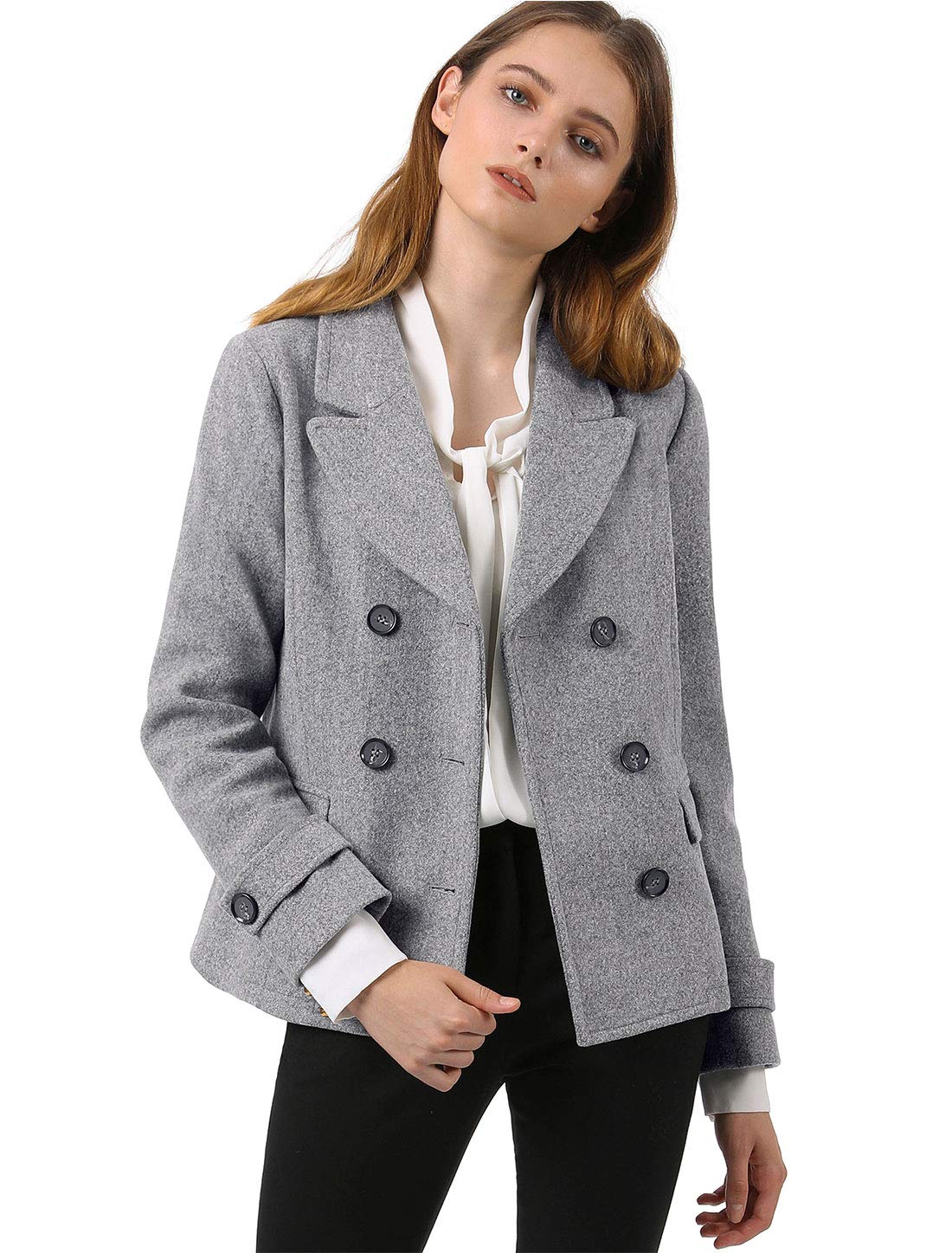 Allegra K Women's Notched Lapel Double Breasted Pea
