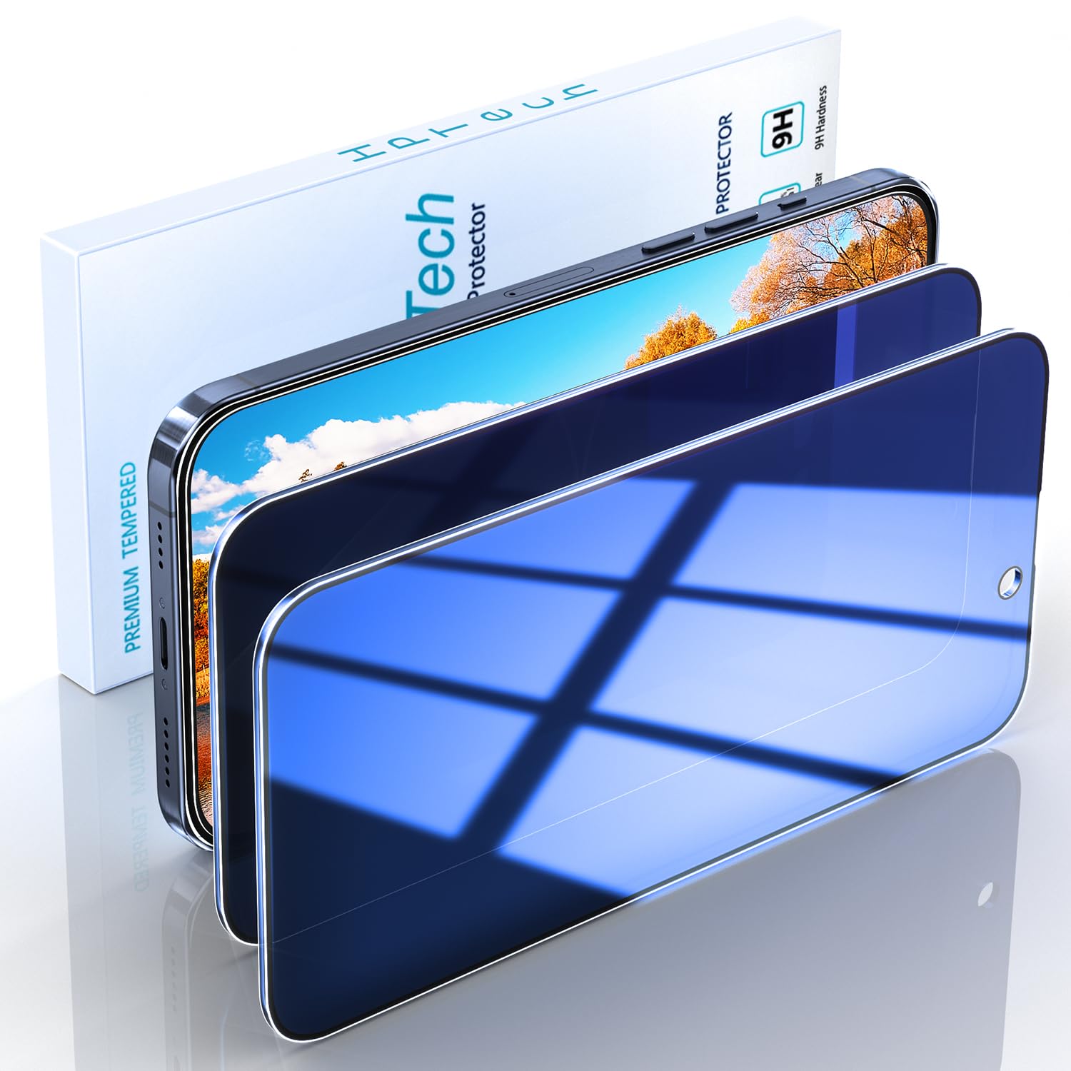 HPTech (2 Pack) Privacy Screen Protector for iPhone 15 Pro Anti-Spy Tempered Glass, Full Coverage Anti-Blue Light Anti-Peeping Film HD Screen Protector Anti-scratch, Blue