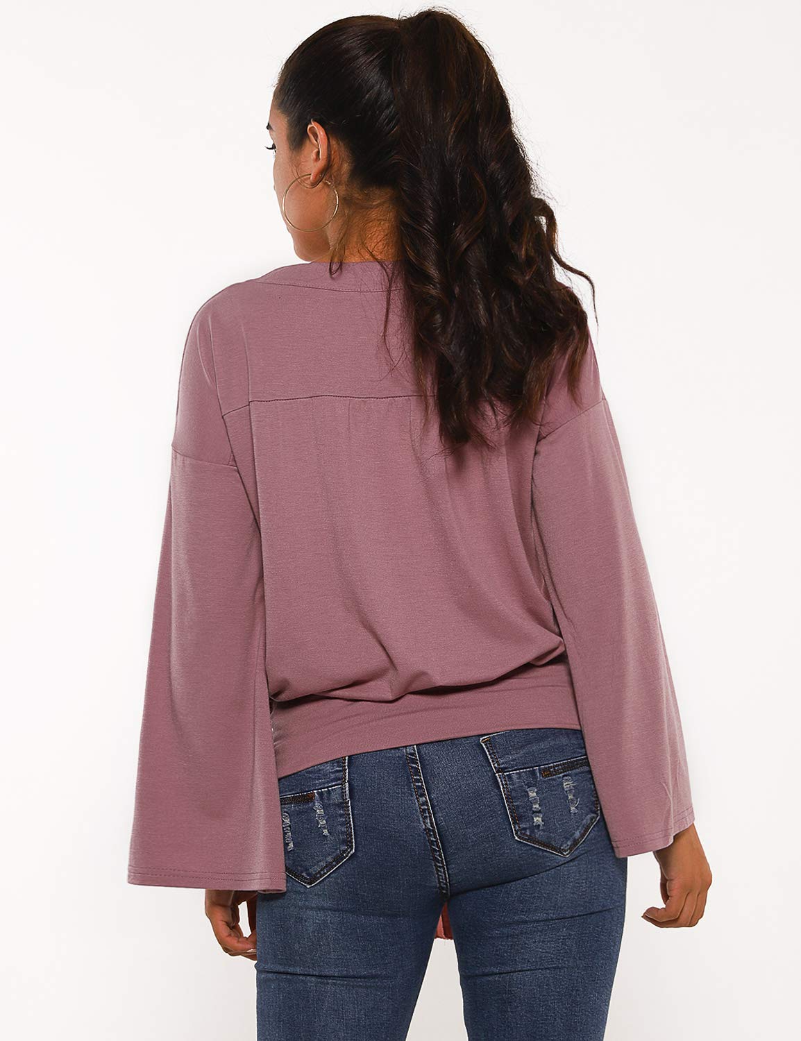 Blooming Jelly Womens Wrap Top V Neck Shirts Long Bell Sleeve Ruched Tie Knot Front Blouse（L,Red