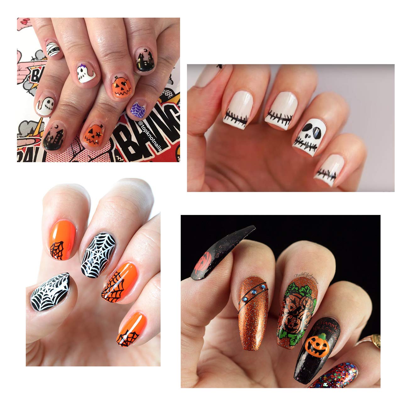 TailaiMei 1500 Pcs Halloween Nail Decals Stickers, 12 Sheets Self-Adhesive DIY Nail Art Tips Stencil for Halloween Party, Include Pumpkin/Bat/Ghost/Witch etc: Beauty