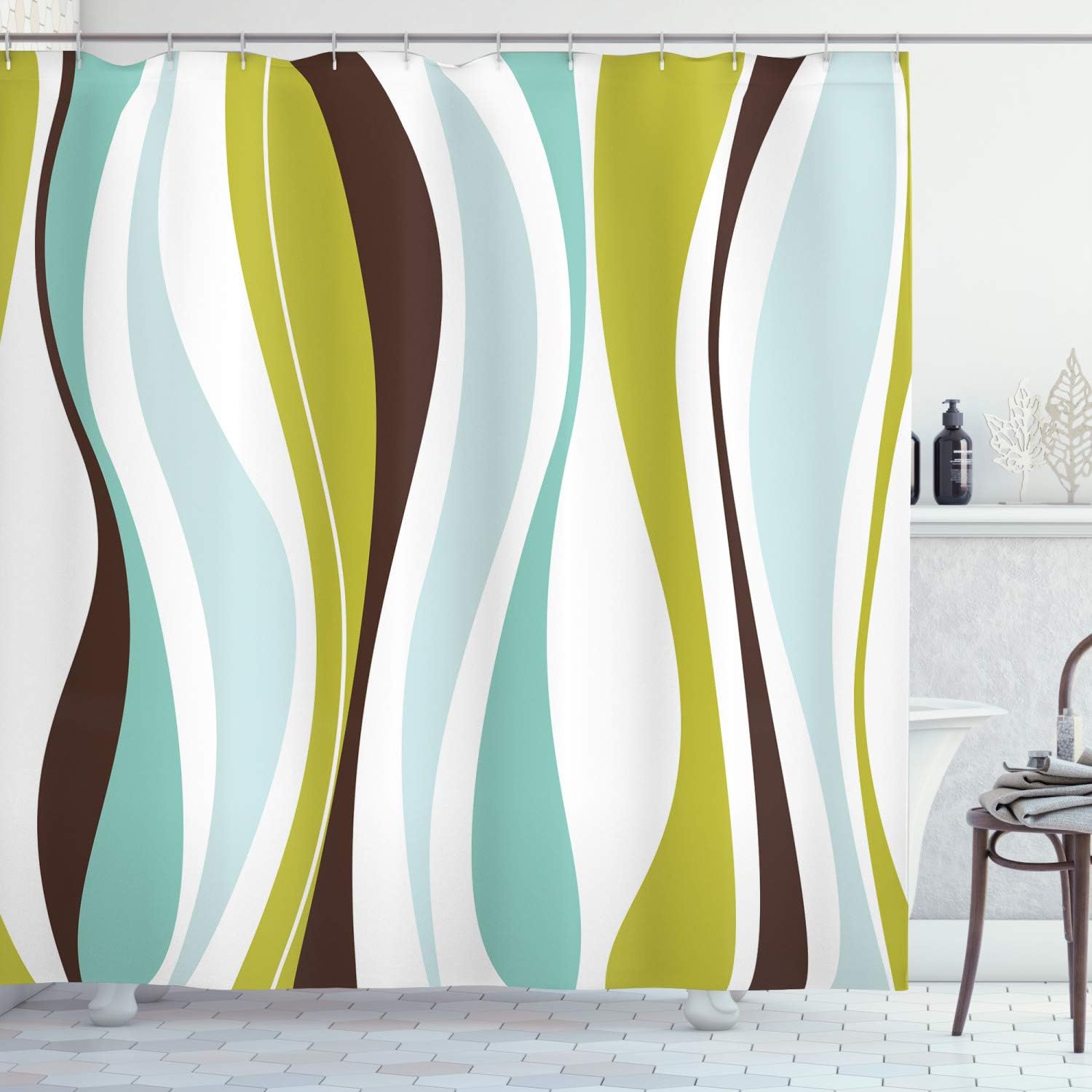 Amazon Com Ambesonne Vintage Shower Curtain Abstract Horizontal Vibrant Shape Cloth Fabric Bathroom Decor Set With Hooks 84 Long Extra White Turquoise Home Kitchen