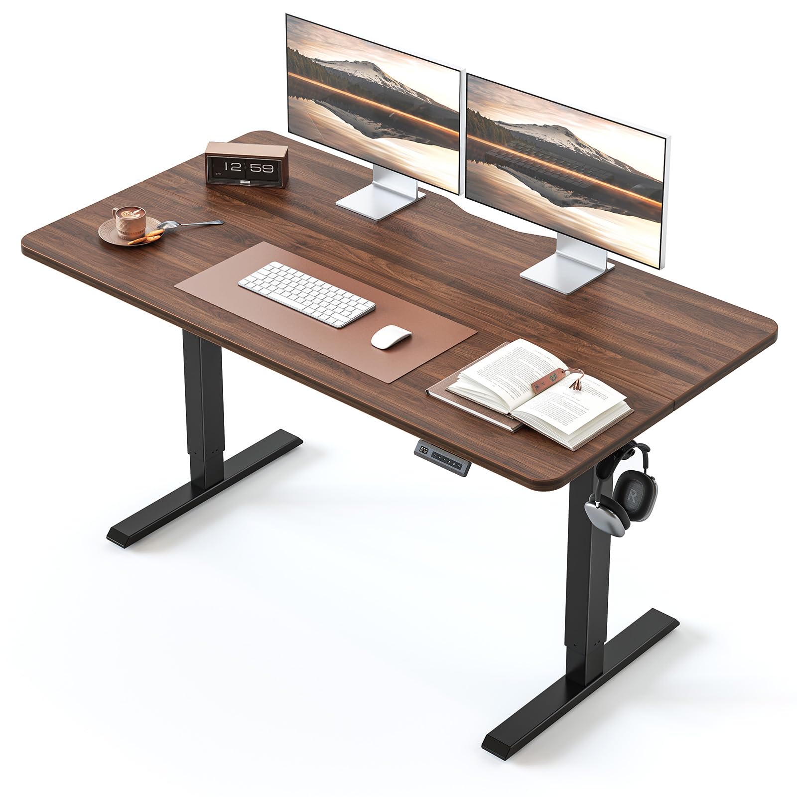 BANTI 55 × 24 Inches Standing Desk, Ergonomic, Electric Height Adjustable, Sit and Stand Up, Computer Office Desk with Splice Board, Black Frame/Black Walnut Top Image