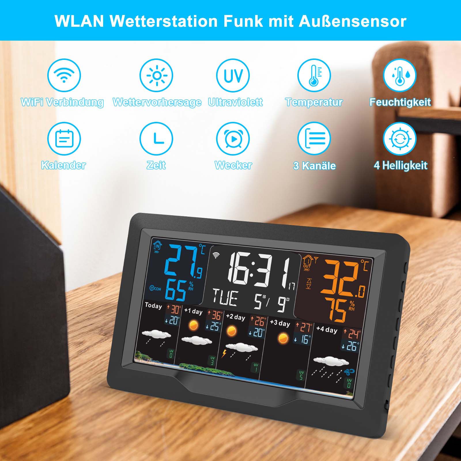 jely Wlan Wetterstation Funk mit Außensensor, Wifi Funkwetterstation mit APP, Farbdisplay Thermometer Hygrometer Innen Außen mit 5-Tage Wettervorhersage,Temperatur,Luftfeuchtigkeit,UV-Index,Uhrzeit 3