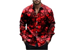 MRMAERE Valentines Day Dress Shirt Men Stylish Casual Lapel Long Sleeve Love Heart Print Button Down Shirts Mens Vacation Top