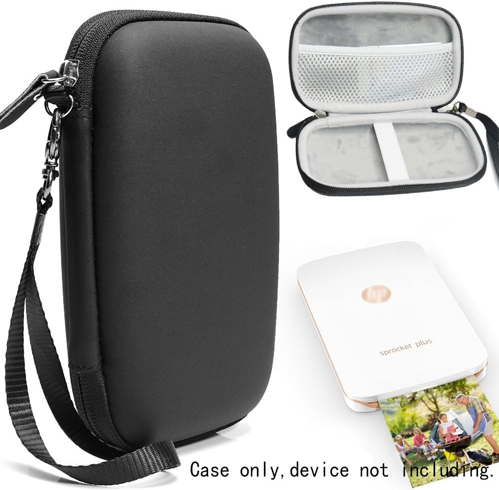 CaseSack Case for HP Sprocket Plus and Sprocket Select Portable Photo Printer, Mesh Pocket for Photo Paper and Charge Cord, Elastics Secure Strap, Detachable Wrist Strap (Matte Black)