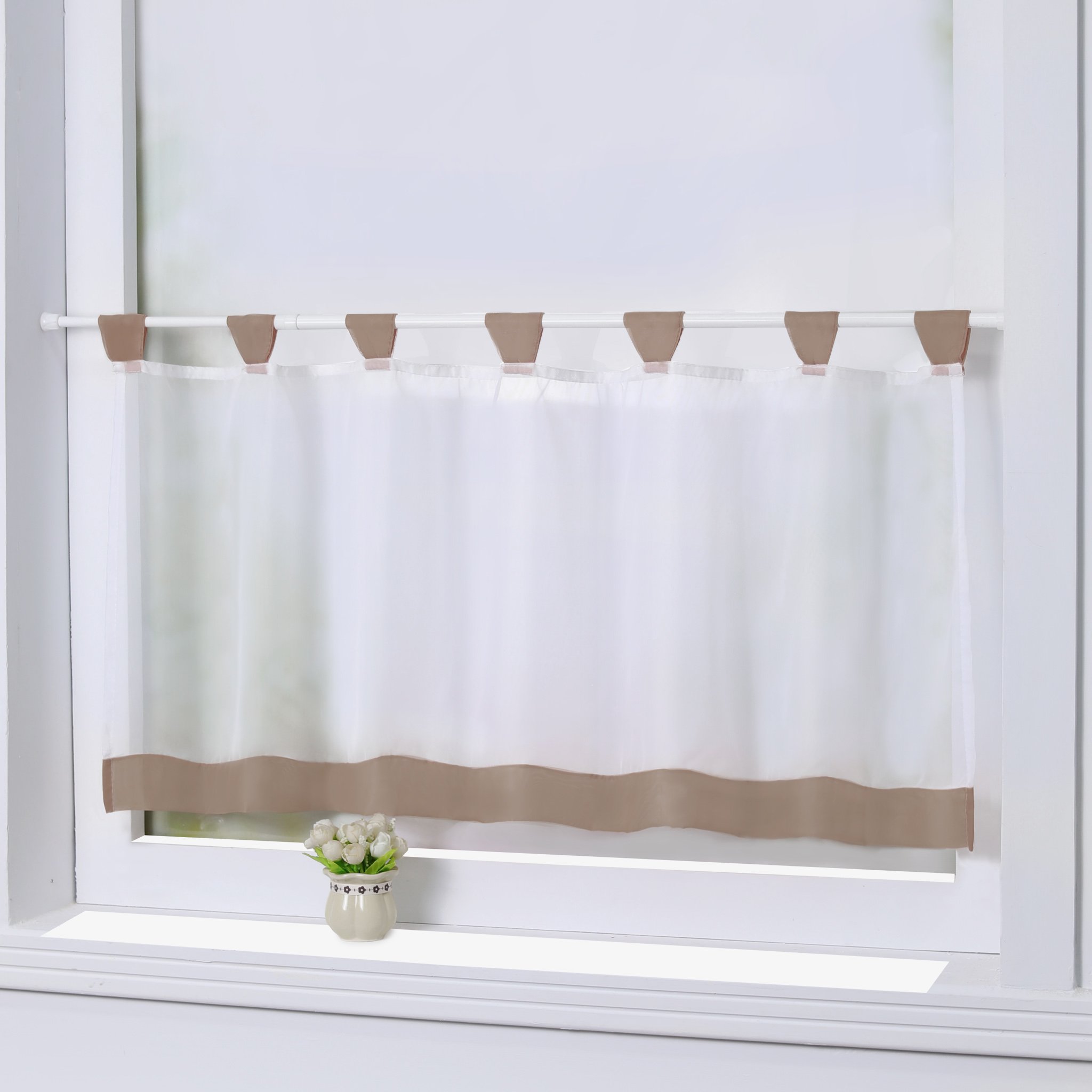 Joyswahl Mia 1 Piece Half Curtain Kitchen Curtain with Tabs Transparent Simple Decor for Living Room Bedroom Balcony Brown Height 60 x 120 cm