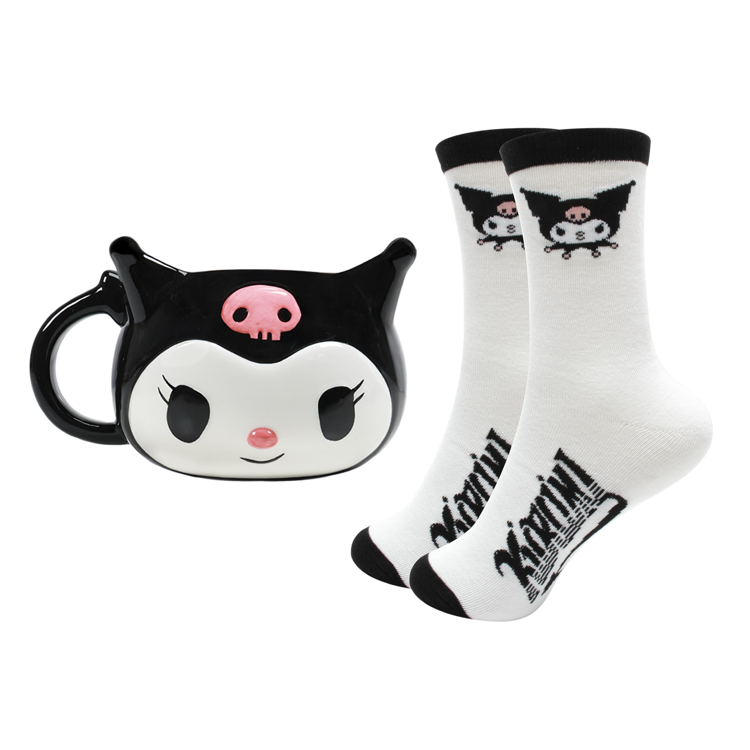 Blue Sky Studios Kuromi 3D Mug & Sock Set, 350 ml Porcelain Mug, Size 4-7 Kawaii Socks, Gift Set for Girls, Hello Kitty & Friends