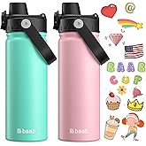 baab 18oz Kids Water Bottle, Insulated Kids Water Bottle with Lockable Spout Lid & Stickers, 18/8 Stainless Steel Vacuum Leakproof Kid Water Cup with Handle for School (Pink+Mint Green, 2 Pack)