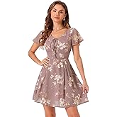 Allegra K Women's Floral Printed Spring Summer Flare Short Sleeve Lace-up V Neck Chiffon Dress