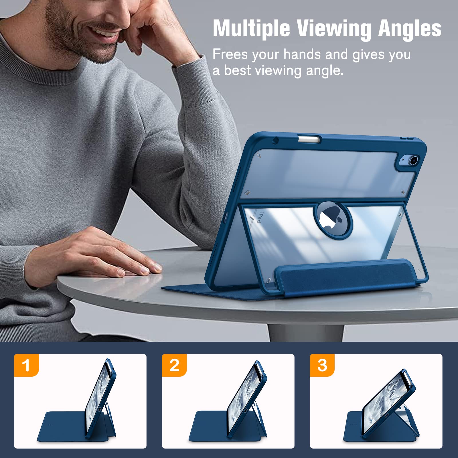 Fintie Clear Case for iPad 10th Generation 10.9 Inch Tablet (2022 Release) - Multiple Angles Viewing Shockproof Soft TPU Cover with Transparent Back Shell & Pencil Holder, Marine Blue