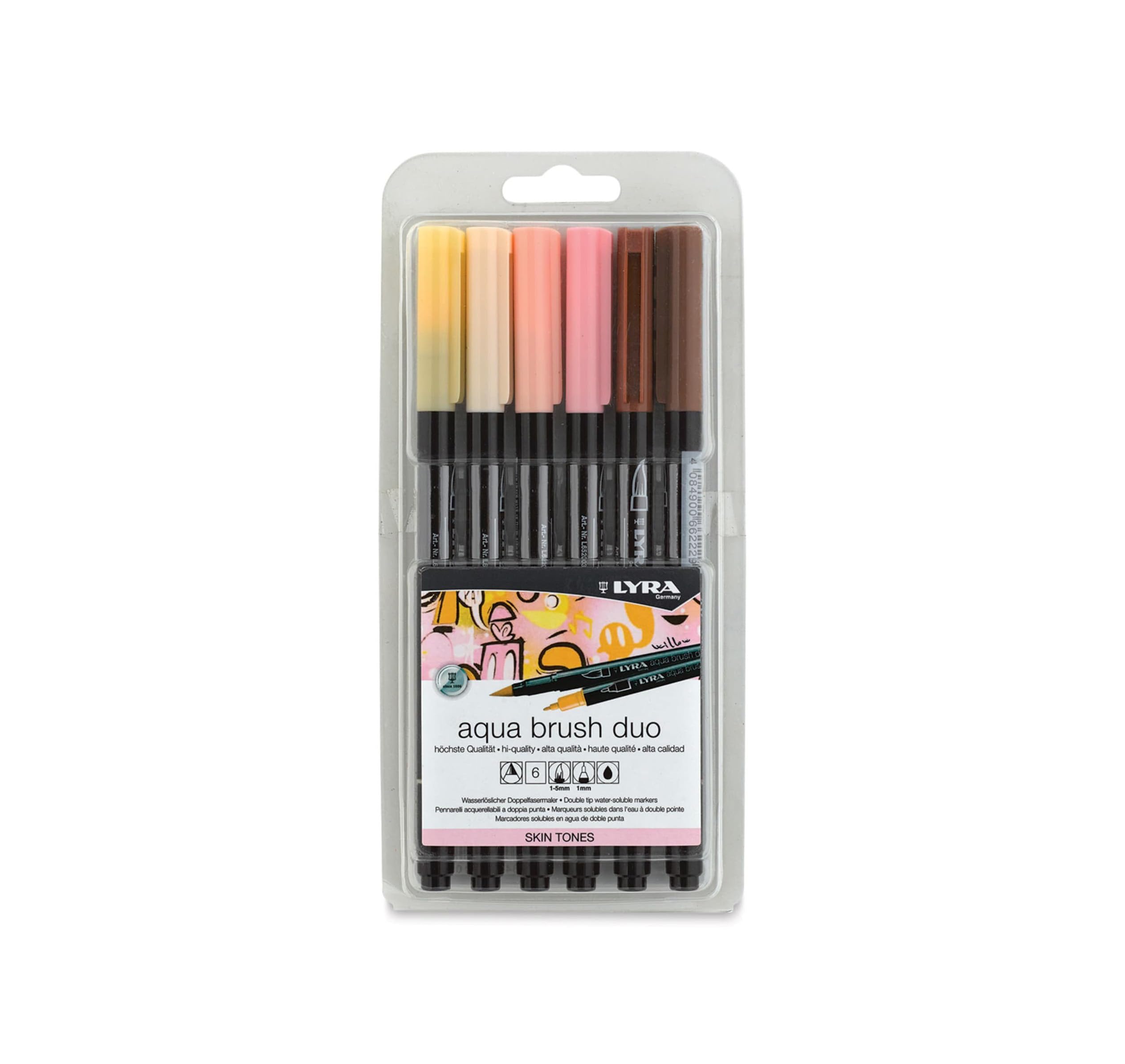 LYRA Aqua Brush Duo, Fine Art Brush Marker Set, Dual Tip, 6 Assorted Skin Tone Colours, Water Soluble Pens, For Professionals & Students