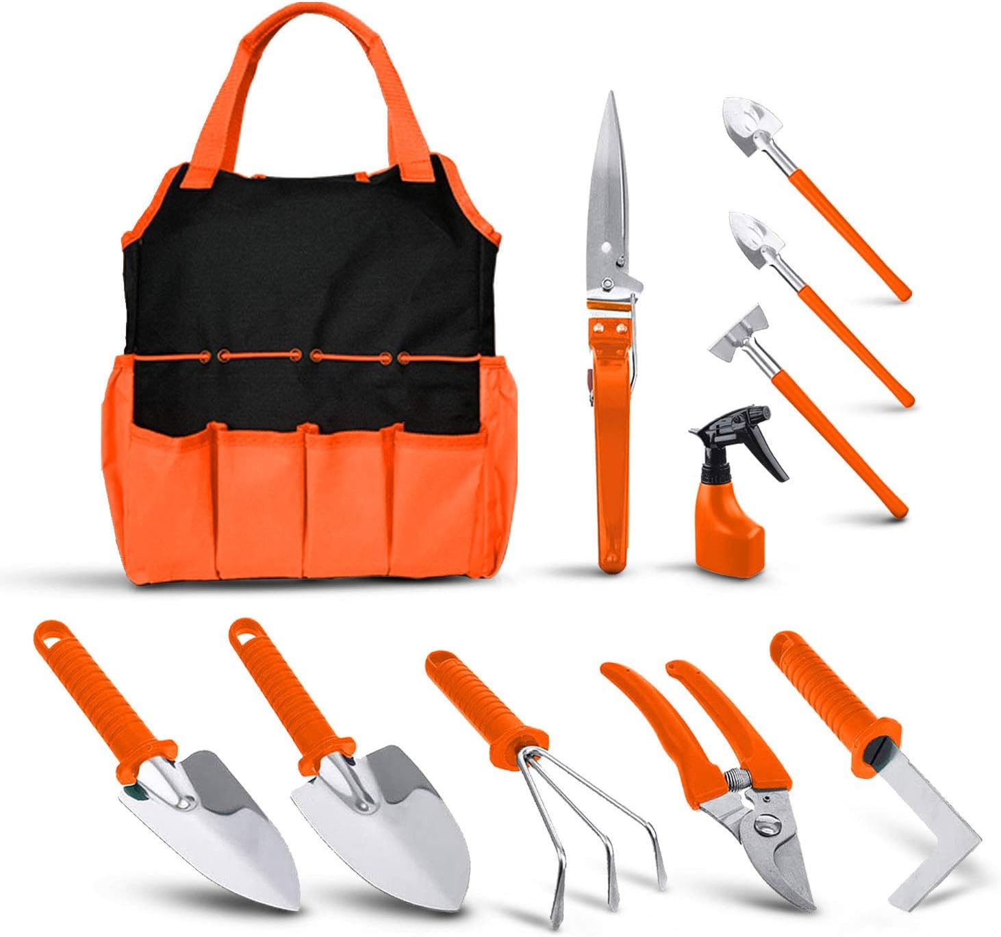 BNCHI Gardening Tool Set, 11 Pieces of Stainless Steel Garden Tools, with Portable Gardening Tool Bag, Anti-Rust Ergonomic Handle, for Men and Women (Silver and Orange)