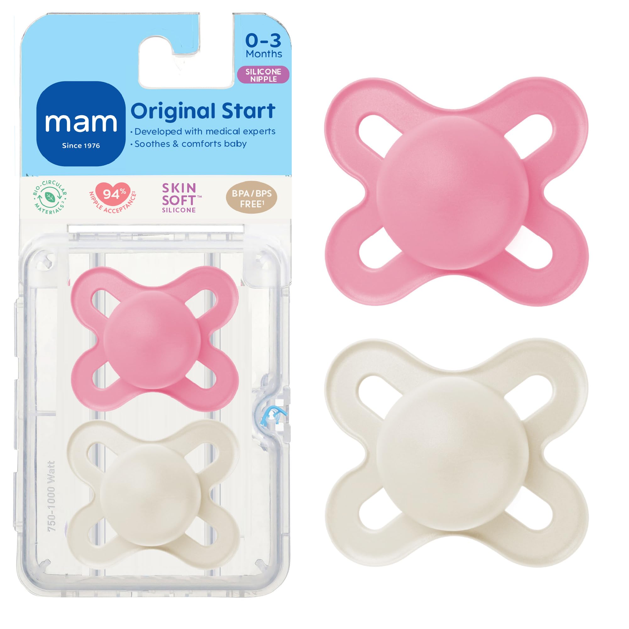 Photo 1 of MAM Original Start Matte Baby Pacifiers, Binky for 0-3 Months, BPA-Free Silicone Nipple, Easy to Clean, Best for Newborn Babies, Developed with Medical Experts, 2 Count Binkies with Sterilizer Case