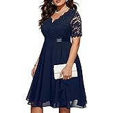 Talisea Plus Size Wedding Guest Dress - Formal Cocktail Party Ruffle Elegant Tea Length Lace Chiffon V Neck Midi Dresses