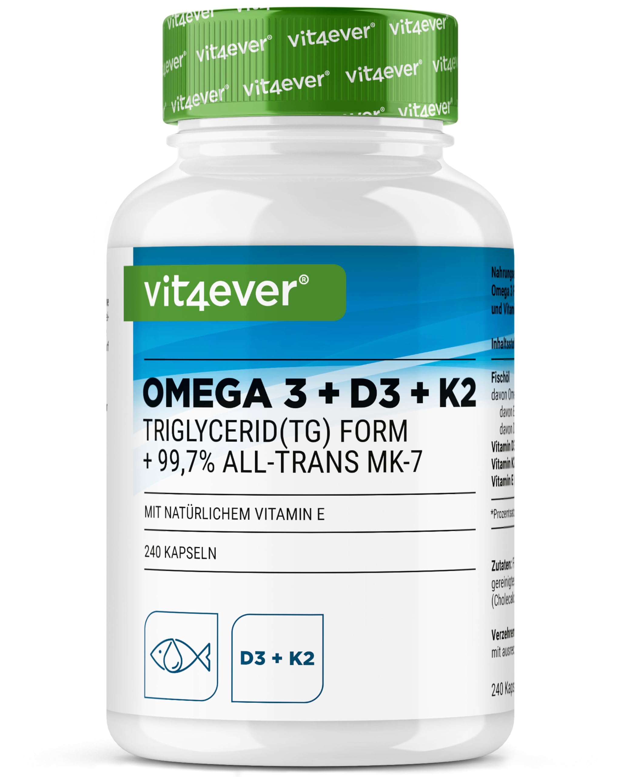vit4ever Omega 3 + Vitamin D3 + K2-240 Kapseln - 1125 mg Omega 3