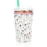 NPOOYI Iced Coffee Sleeve, Reusable Insulated Neoprene Cup Sleeve for Cold & Hot Drinks Beverages, Cup Holder for 22-24oz Coffee Cups,White Flowers