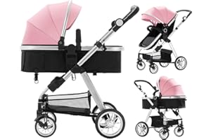 Blahoo Baby Stroller for Toddler,Bassinet Stroller,Foldable Aluminum Alloy Pushchair with Adjustable Backrest,Adjustable Direction Pink