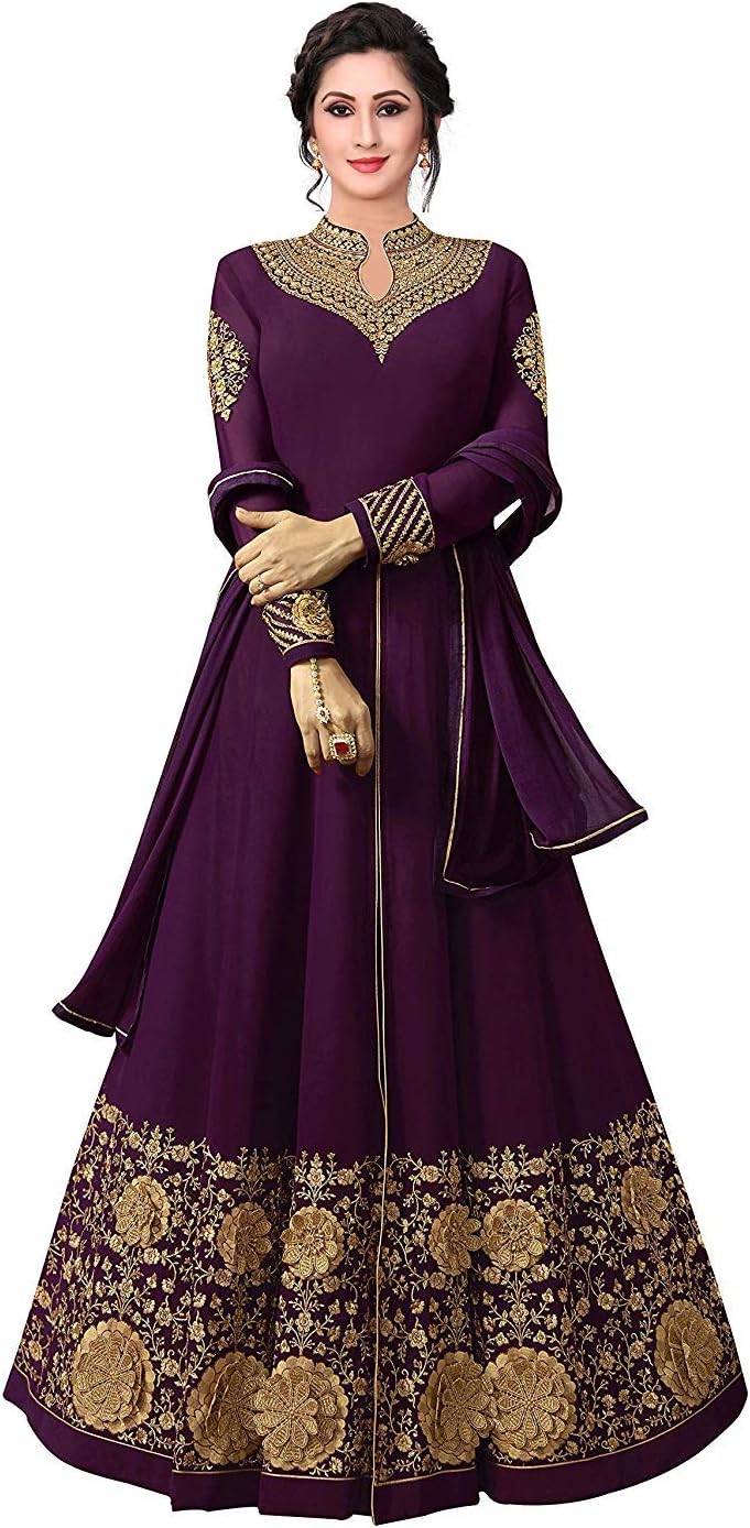 Women Georgette Embroidered Semi Stictehd Gown (H26_Free Size) Purple