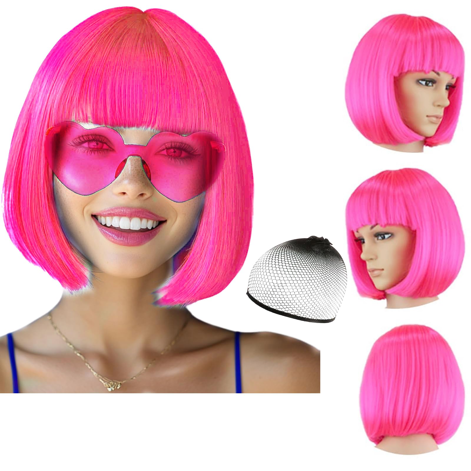 Party Wigs Wig Cap and Sunglass Set,Short Bob Hair Wigs Straight with Flat Bangs Synthetic Colorful Cosplay Daily Party Neon Wig for Women (pink)