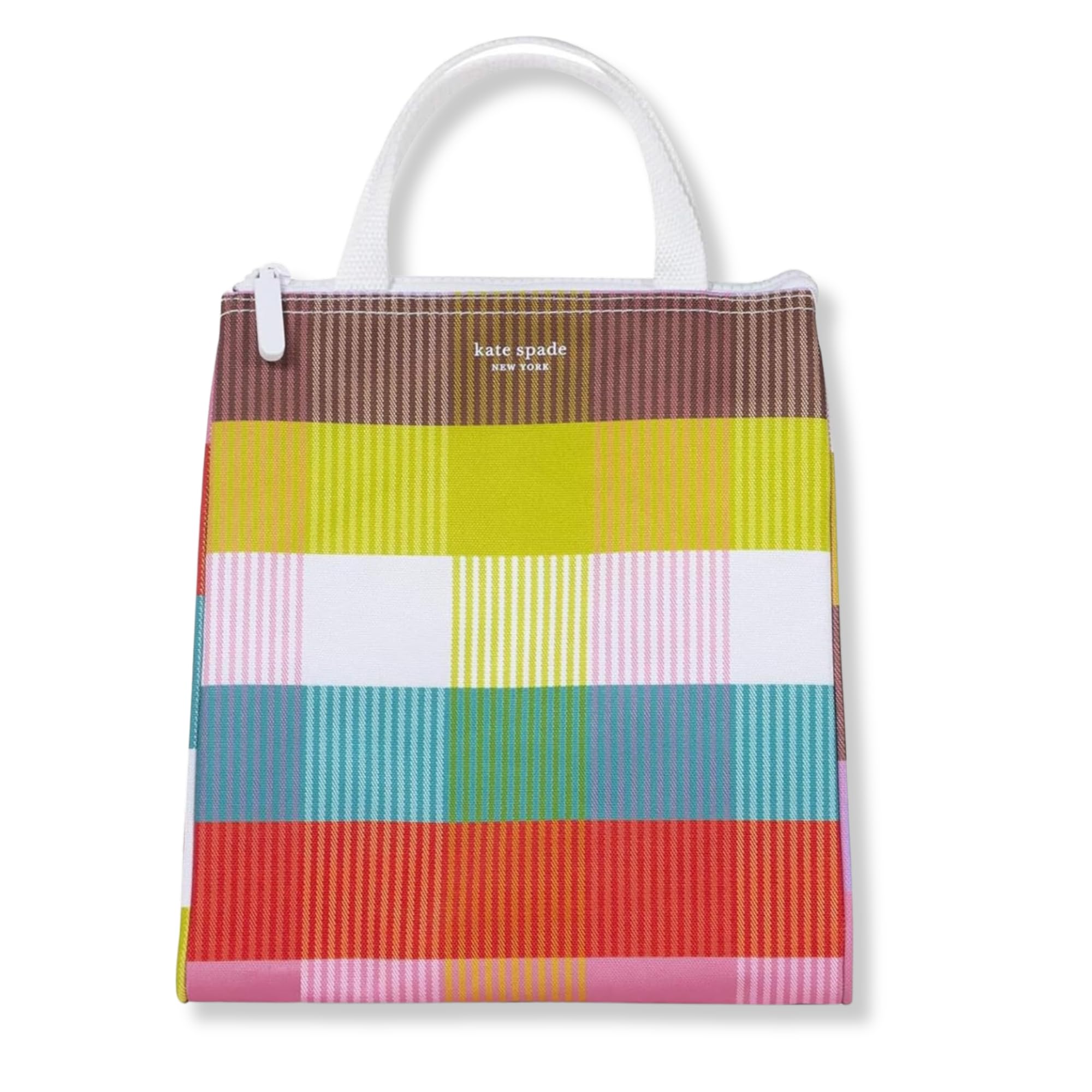 Kate Spade New York Portable Soft Cooler Lunch Bag with Silver Insulated Interior Lining and Storage Pocket, Rainbow Plaid