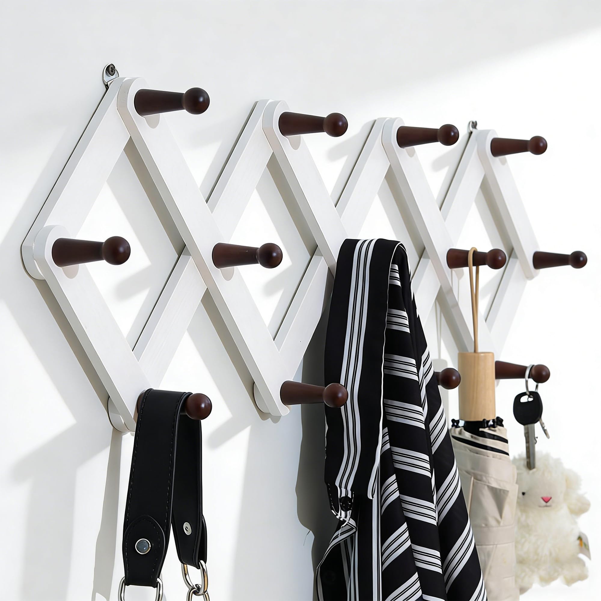 YUEMING Accordion Wall Hanger, 13 Hooks Coat Rack Holder, Expandable Wall Mounted, Solid Wooden Hat Rack for Hang Key Bag Umbrella Necktie Purse