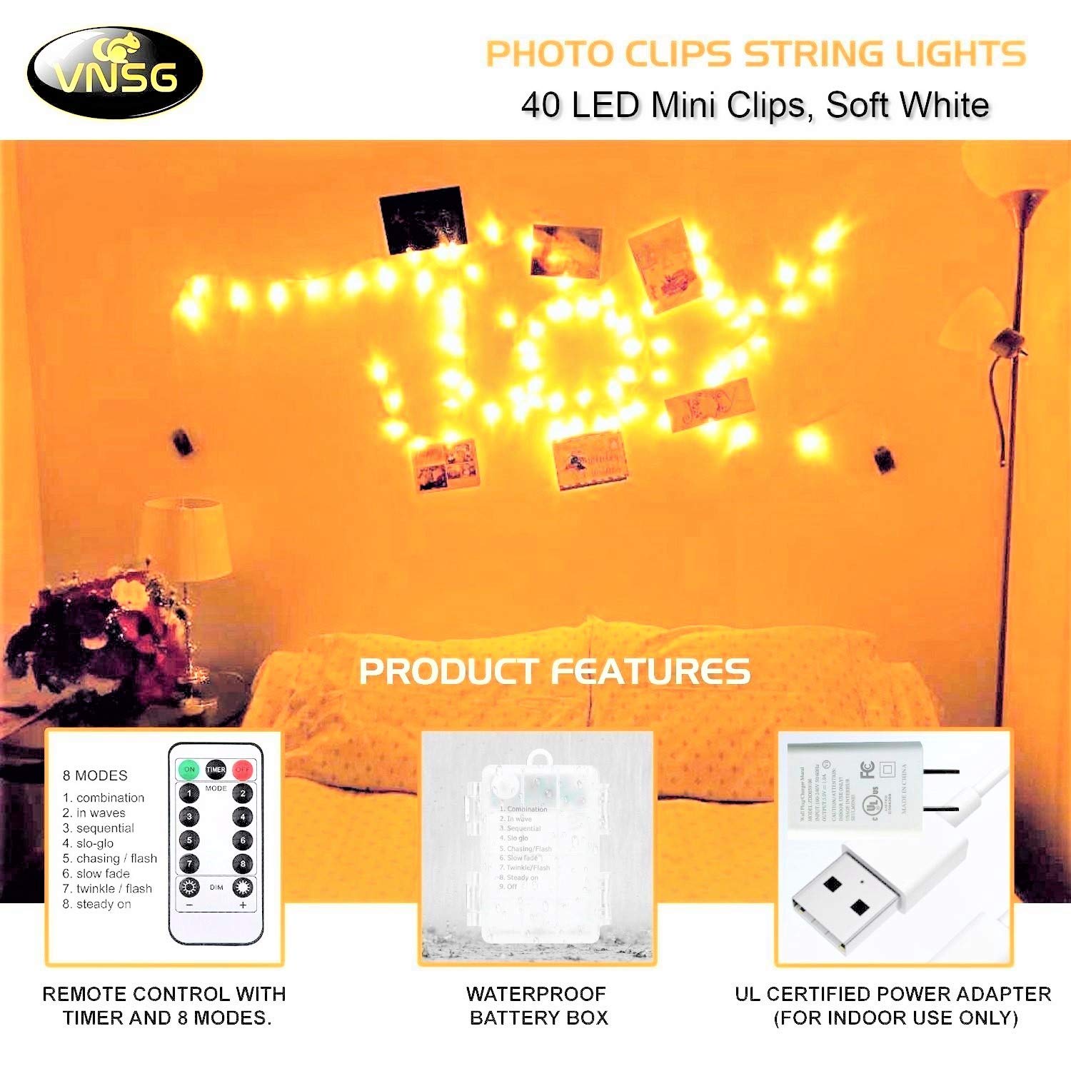 VNSG 40 LED Photo Clip String Lights for Bedroom Wall Decor┃Battery or Adapter┃Fairy Lights to Hang Pictures Christmas Cards, Wedding Photos┃20ft Soft White┃Photo Lights with Clips for Picture Hanging