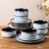 LeRATIO Ceramic Dinnerware Set of 4, Poreclain Plates, Bowls, Handmade Reactive Glaze Dishes, Chip Resistant, Oven & Dishwasher Safe, Service for 4-Gray White