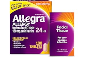 Allegra Adult 24-Hour Allergy Relief Tablets with Bonus Tissue Pack, Non-Drowsy Indoor and Outdoor Allergy Medicine, 180 mg Fexofenadine HCI Antihistamine Pill, 100-Count