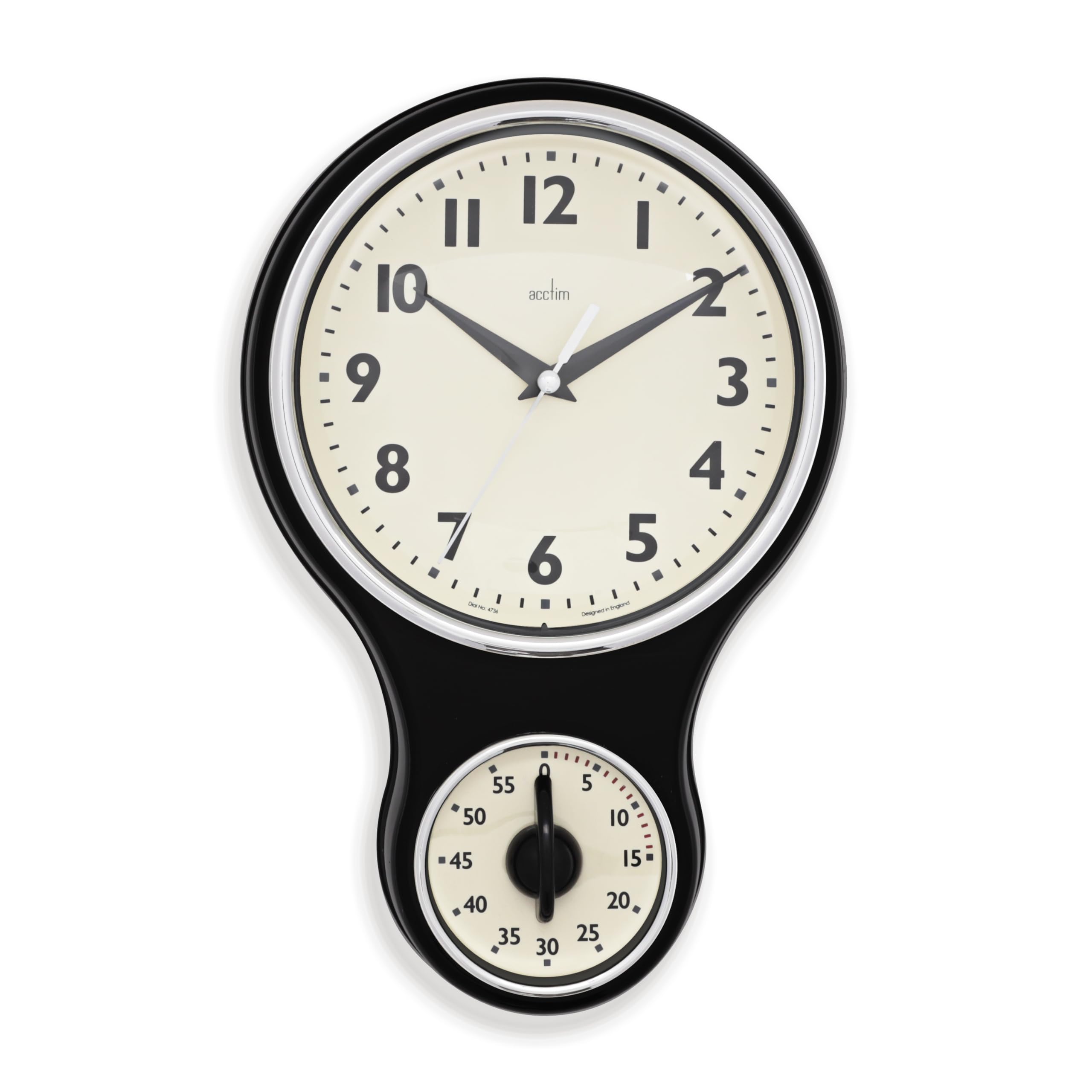Acctim Kitchen Time Wall Clock Timer Quartz Retro Style Domed Glass Lens Black 20cm