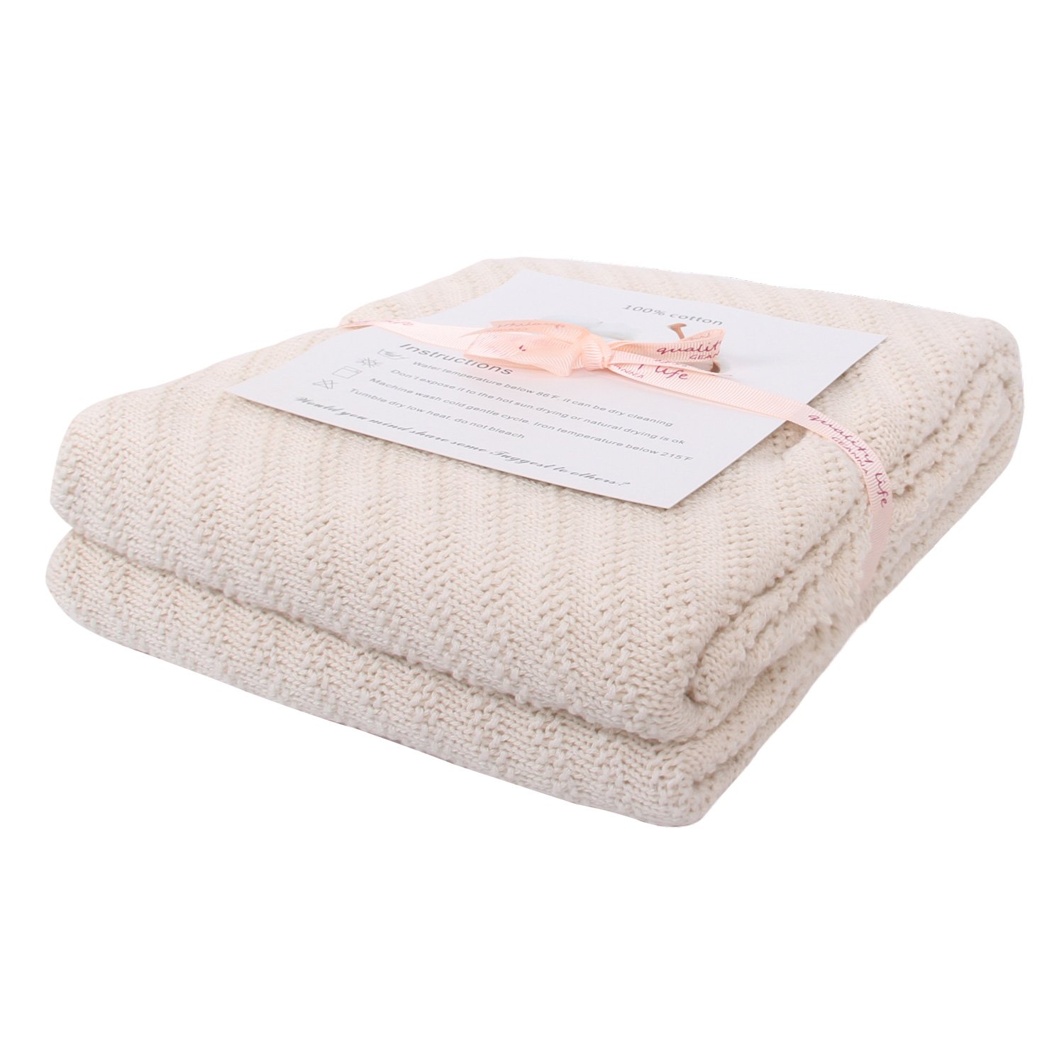 Adory Sweety Throw Blanket Moss Stitch Solid Soft Sofa Couch Decorative Knitted Blanket,50 x 60 inch, As Gift with Washing Bag (Beige)