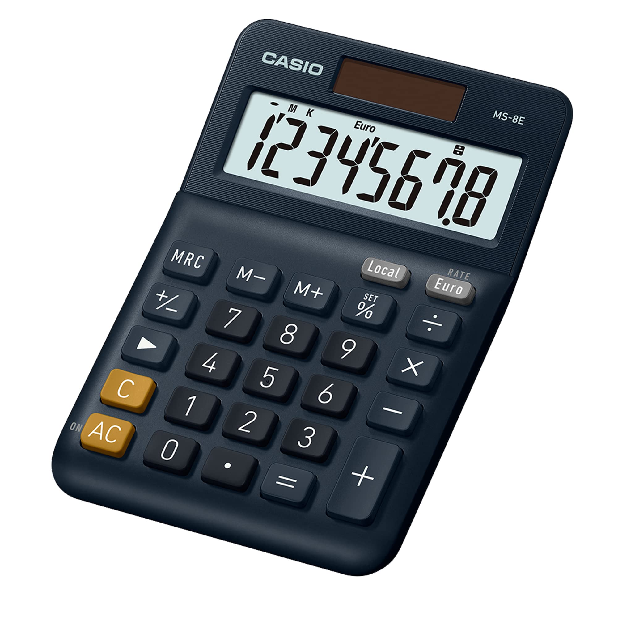 CASIO MS-8E Desktop Calculator 8 Digit Currency Conversion Rubber Feet Quick Correction Button Solar/Battery Operated,silver