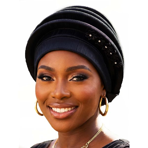 Elegant Black Beaded Turban Headwrap - Women Accessories Elegant Black Turban Hat: Ready-to-wear African Wedding  main image 2