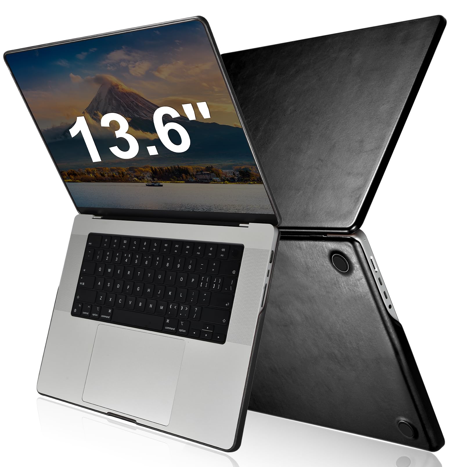 ICARERFAMILY Premium Genuine Leather Ultra Thin Protective Case Cover Shell for Apple MacBook Air 13.6 inch 2022 M2 A2681 - Black