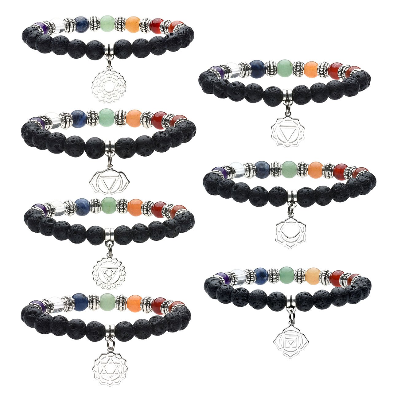 Jovivi 8mm-7 Chakra Pierres Naturelles Laves Perles d\'Energie Bracelet Extensible Elastique Tibétain Bouddhiste avec Pendentif - Set
