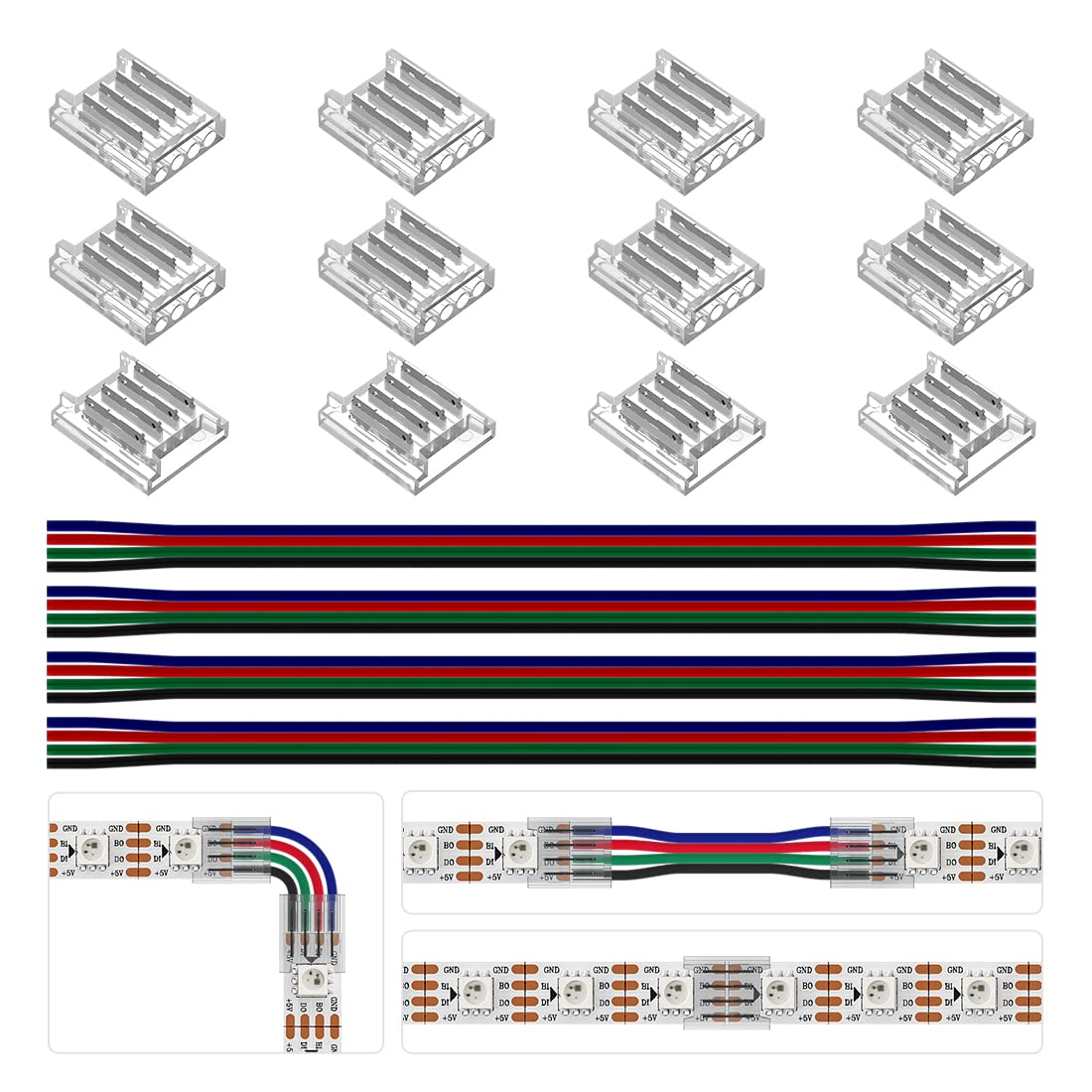 BTF-LIGHTING SMD 4pin 10mm Connector kit 12pcs Transparent Connector 4pcs 15cm Long 22AWG Extension Cable Wire to Board for gapless Soldering and 4pin LED Light Corner Connection