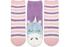 Panda Bros Girls Warm Fuzzy Fluffy Socks, Non Skid Slipper Socks for Kids, 3 Pairs