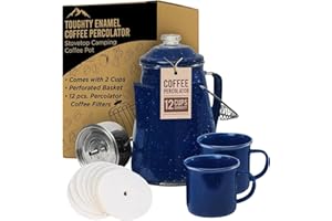 Toughty Enamel Coffee Percolator – 12-Cup Stovetop Camping Coffee Pot for Open Fire, Grill, or Gas Stove – Durable, Old-Fashioned Percolator with 2 Enamel Mugs for Outdoor Brewing - Blue